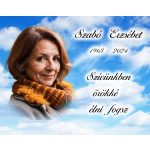 Színes szögletes porcelánkép feliratos emlékportréval – egyedi sírkőkép készítés fotóból, szöveggel,felhős háttérrel