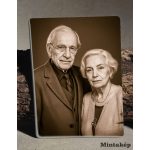Szépia téglalap porcelánkép idős házaspár portréjával – sírkőre készült tartós porcelánfotó, emlékportré