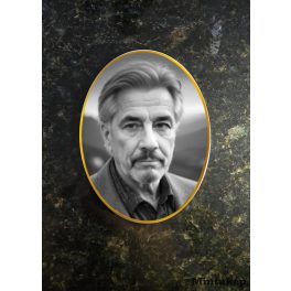 Ovális fekete-fehér porcelánkép arany szegéllyel sírkőre – prémium porcelánfotó és fekete-fehér sírkőkép kültérre