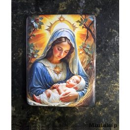 Színes téglalap szentkép porcelánon Mária és gyermek Jézus ábrázolással – tartós sírkőkép vallási ikonból, időjárásálló porcelánfotó