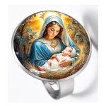 Ezüst színű porcelánbetétes gyűrű – színes szentképes motívummal