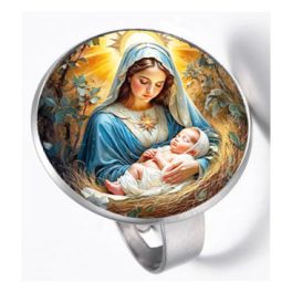Ezüst színű porcelánbetétes gyűrű – színes szentképes motívummal