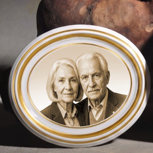 Fekvő, szépia tónusú Bohemia porcelánkép sírkőre aranyozott díszítéssel