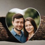 Szív alakú színes porcelánkép sírkőre, egyedi páros portréval