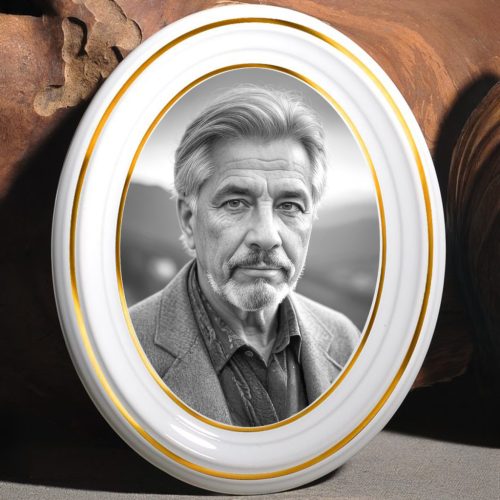 Fekete-fehér Bohemia porcelánkép sírkőre, két aranyozott csíkkal