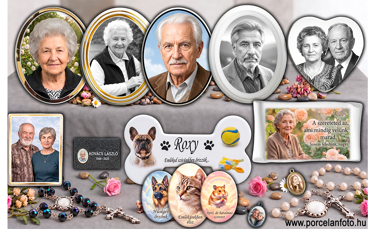 Porcelánkép formák sírkőre, mini porcelánképek és porcelánbetétes emléktárgyak